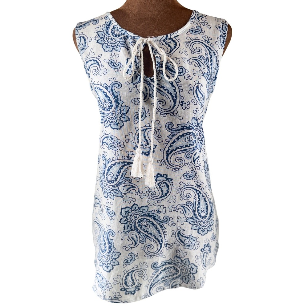 Larry Levine Paisley Sleeveless Blouse Women's Medium Blue White Linen Blend NWT
